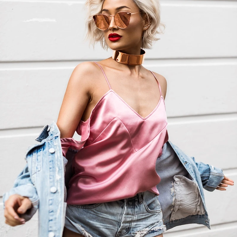 

2017 New Spring Sexy Blusa Summer Tops Women Chiffon Blouses Satin Patchwork Shirts Autumn Crop Top Tank Bralette T-shirt S477