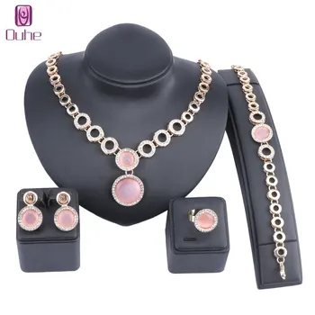 

Luxury Gold Color New Collier Femme Cat's eye Crystal Necklace Earring Bracelet Ring For Women Party Wedding Jewelry Sets