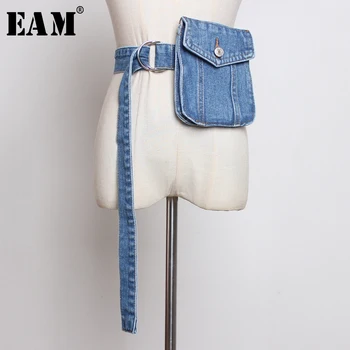 

[EAM] 2020 New Spring Summer Blue Denim Pocket Split Joint Personality Long Wide Belt Women Fashion Tide All-match JW720