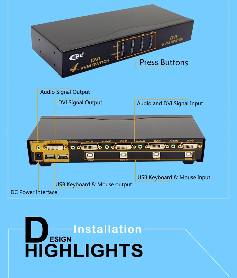 4 Порты и разъёмы USB DVI KVM SWITCH клавиатура Мышь PC Мониторы коммутатор с аудио и автоматического сканирования Поддержка 1920*1200 DDC2B металла ckl-94d