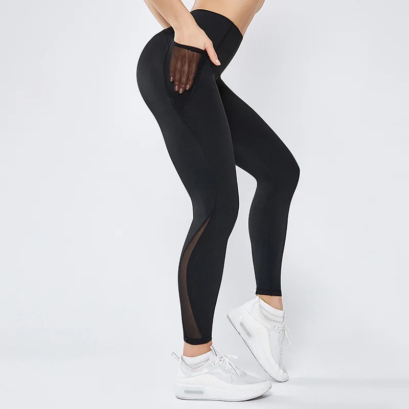 

2019 Sexy Mesh Patchwork Fitness Leggings Women Push Up Slim Jeggings Mesh Pocket High Waist Tummy Control Compression Pants