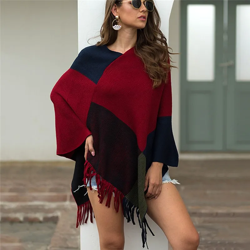 

Women V-Neck Knitted Sweater Pullover Mujer Irregular Patchwork Cloak Loose Shawl Cardigan Sweater Long Sleeve tops 50Jul19