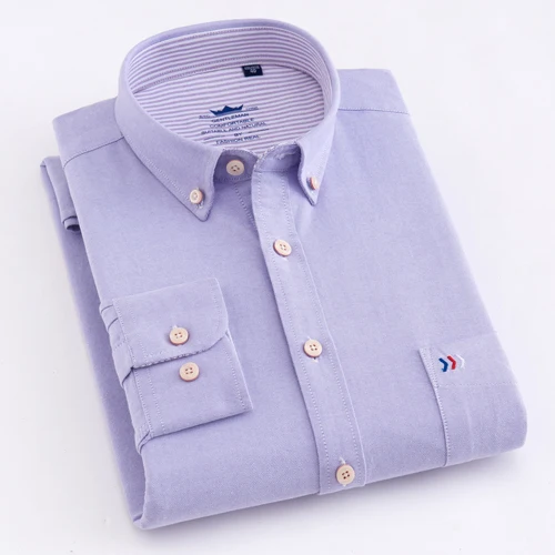 Мужская классическая рубашка с длинным рукавом Оксфорд однотонный тканый нашивка для рубашки карман с аппликацией логотипа на груди Повседневные рубашки на пуговицах - Цвет: Лаванда
