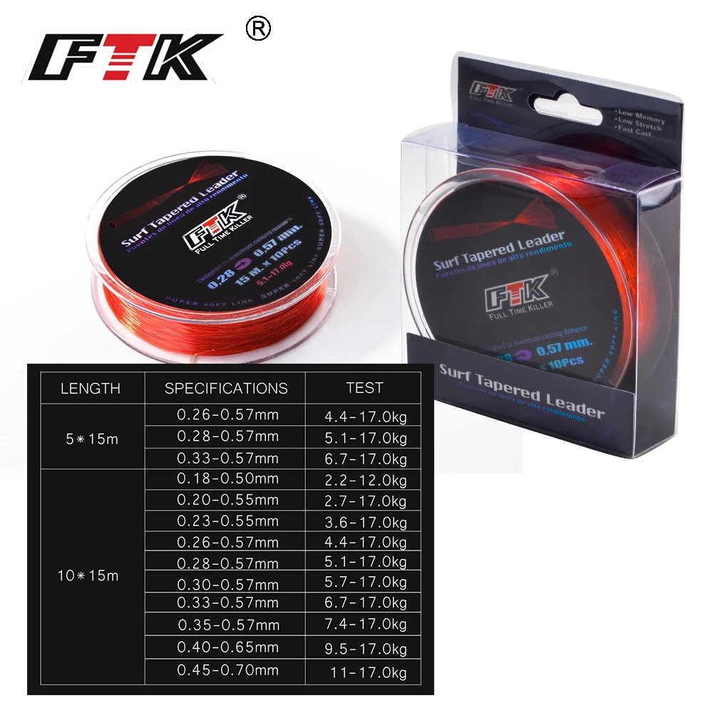FTK Saltwater Surf Casting Shock Leader Fishing Lines 5*15M/10*15M 4.4-17kg Nylon Thread Surf Tapered Leader Super Soft Line