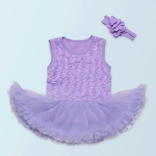 Purple 3D Rose Summer Baby Girl Romper Dress Lace Tutu with Headband