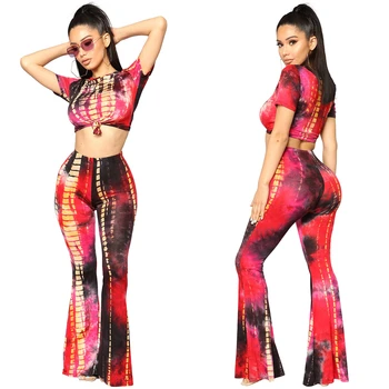 

Printed Two Piece Set Women 2018 Summer Outfits Short Sleeve Top and Cropped Flare Pants Suit Fashion Sexy Women Sets