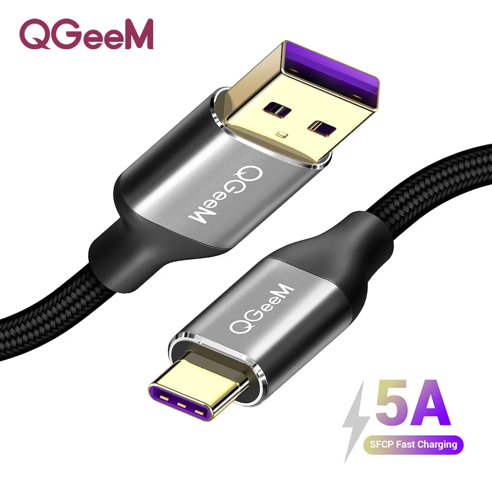 QGEEM 5A usb type C кабель для huawei P20 mate 20 Pro USB быстрая зарядка USB C кабель для передачи данных Honor V10 Supercharge type-C кабель - Цвет: Nylon black