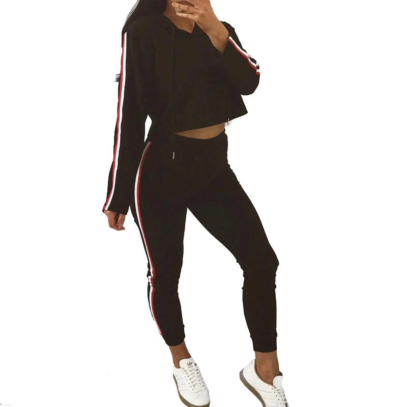 2018 Winter Jumpsuits Women Fashion Striped  Casual 2 Pieces Set Female Black Tracksuits Sexy Cropped Sweatshirt and Pants