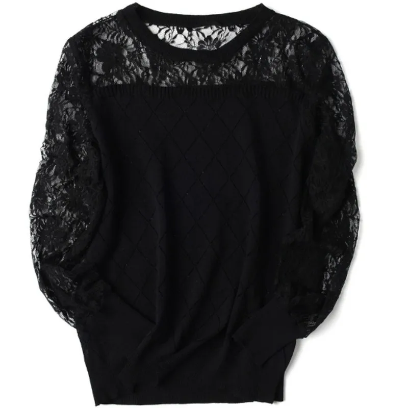 

New Lady Lace Knit Tops Ice Silk Hollow Long-sleeved T-shirt Loose Spring and Summer Thin Tshirt Women's Clothing Large Size