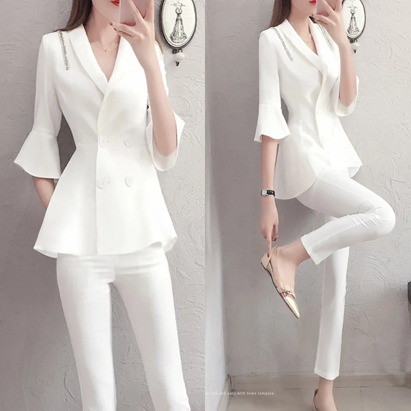 2019 new ladies suits Trousers and jacket for women white blazer Slim-fit double-breasted short-sleeved suit Pants suit female
