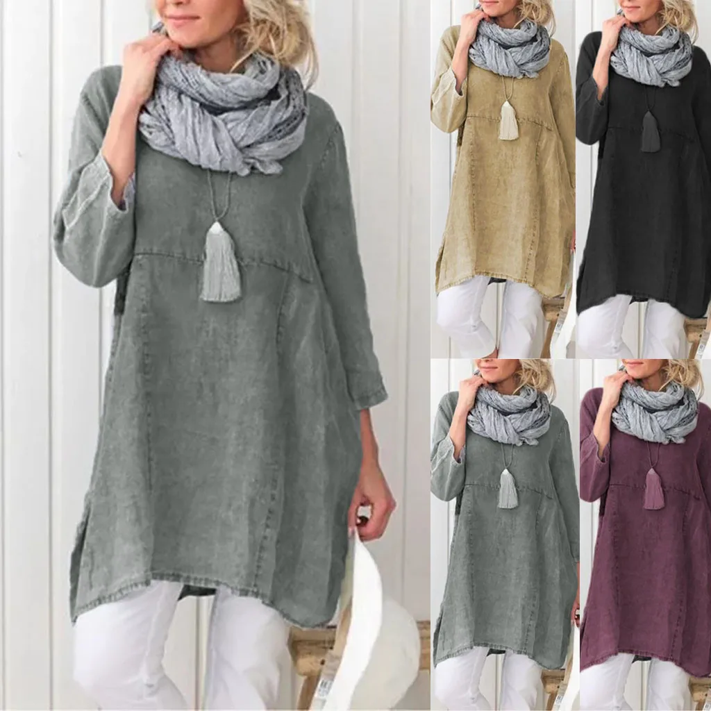 

Summer autumn Loose dress Elegant Classic Fashion Women Casual Plain Long Sleeve Plus Size Dress Cotton Pocket Dresses Vestidos