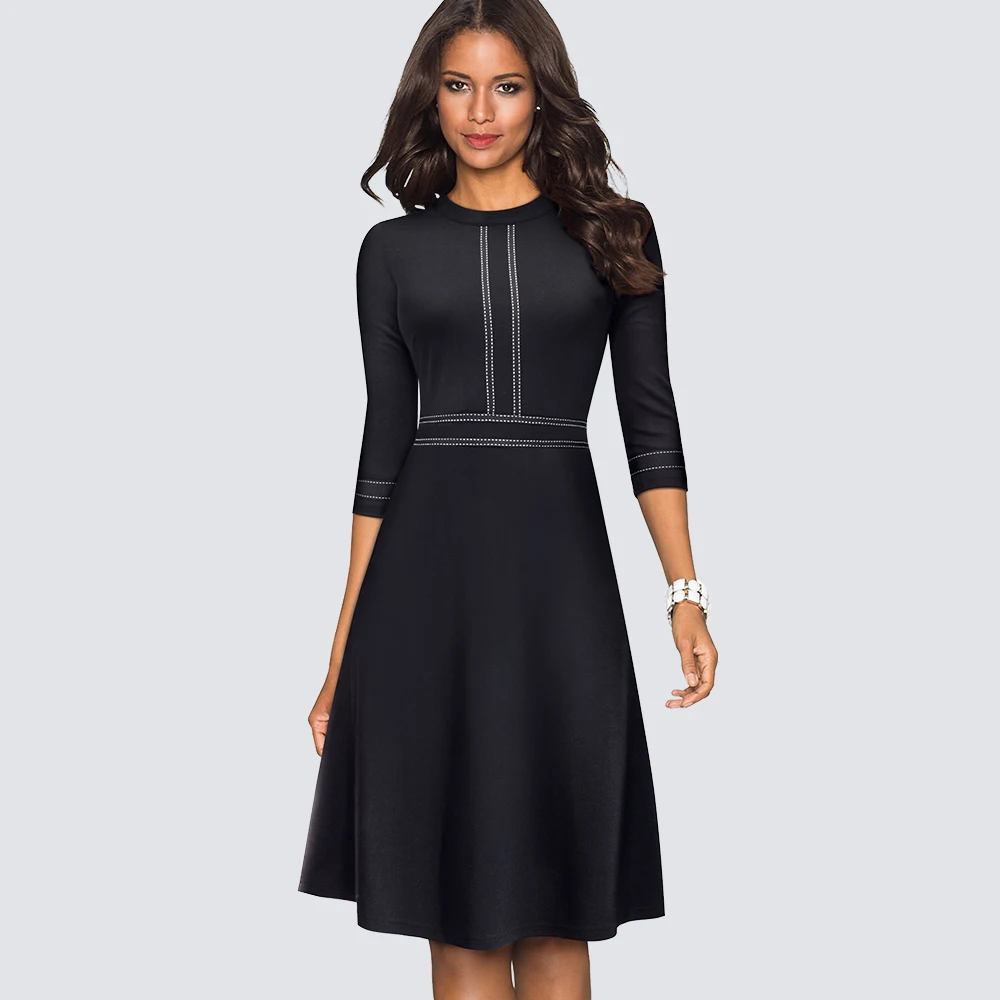 Femmes Vintage balançoire bureau une ligne robe de soirée élégant Patchwork patineuse robe noire vestidos HA135