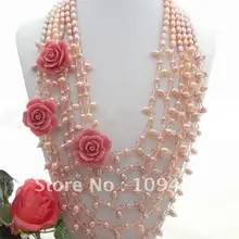 Натуральное ожерелье из 6 страз розового жемчуга и розового цветка