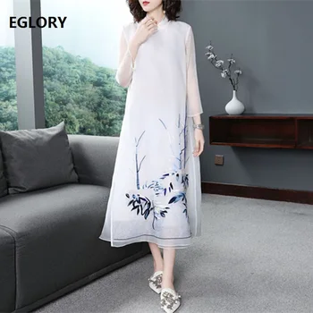 

High Quality Brand Qipao Dress 2019 Spring Summer Plus Size Clothes Women Vintage Embroidery Mid-Calf Party White Dress Female