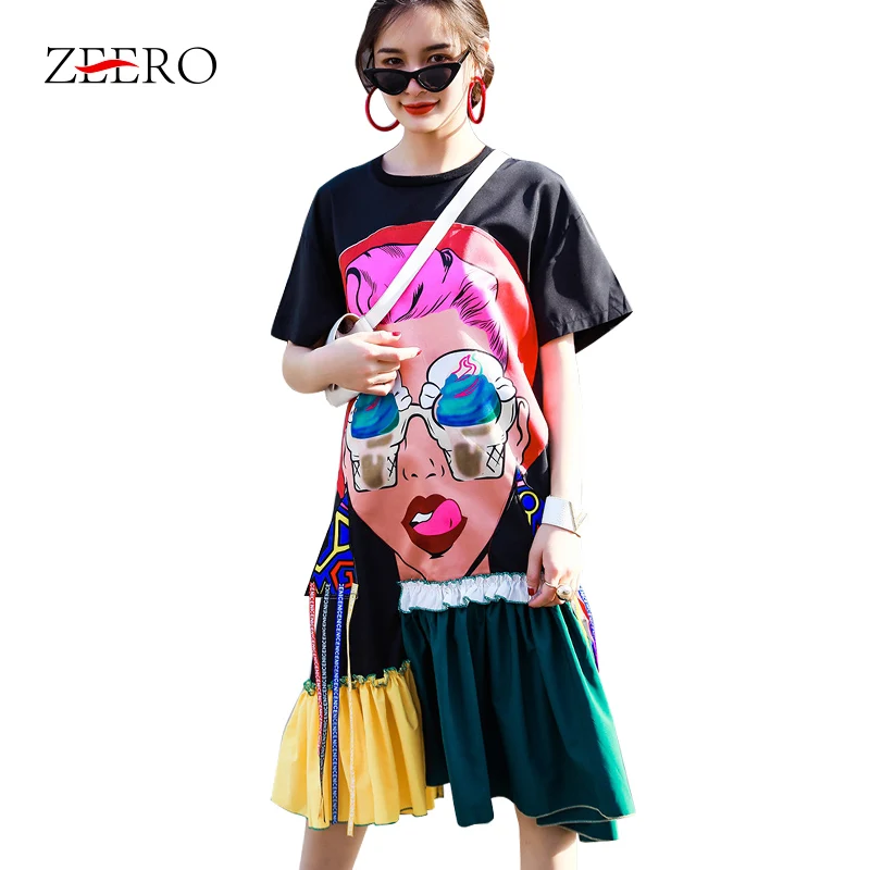 Уличная Женская одежда с аппликацией лица из мультфильма, летние платья, контрастный цвет, футболка с кисточками, платье больших размеров, повседневные пляжные платья