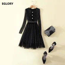New Chic Fashion Party Women Dresses 2018 Spring Ladies Colorful Beading Mesh Jewlery Buton Long Sleeve Black Mesh Dress Vestido