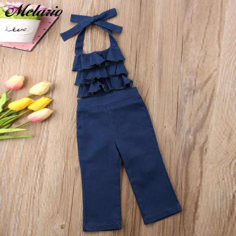 Melario New Summer Kids Girl Halter Denim Blue Bib Pants Romper Ruffles Backless Sleeveless Jumpsuit Playsuit Casual Outfit