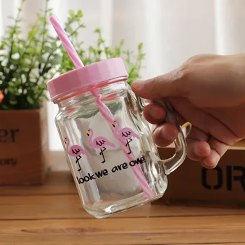 

450ml Cartoon Straw Mug Creative Couple Mason Bottle Cold Drink Coke Glass Student Milk Tea Cup With Handle