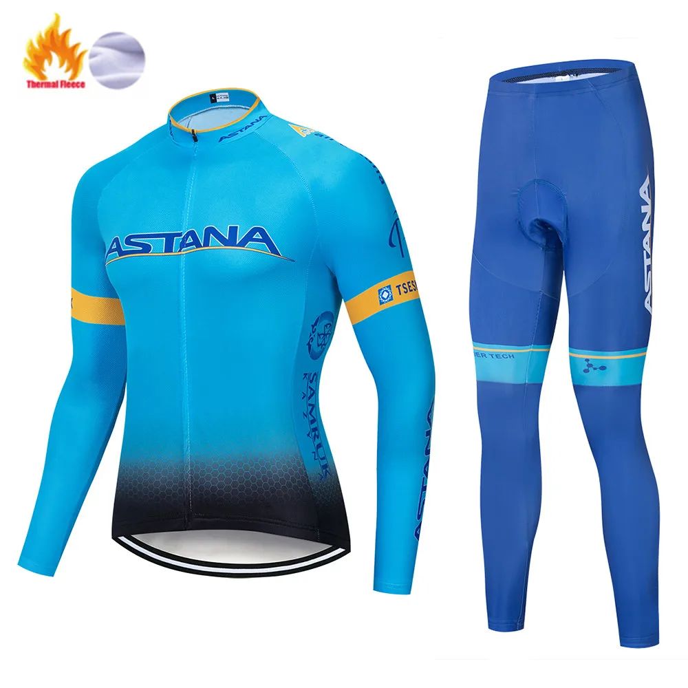 Синяя команда Астаны зимний термальный флис Велоспорт Джерси велосипед брюки набор мужской Ropa Ciclismo 9D Велоспорт Майо Culotte одежда - Цвет: Winter Cycling set