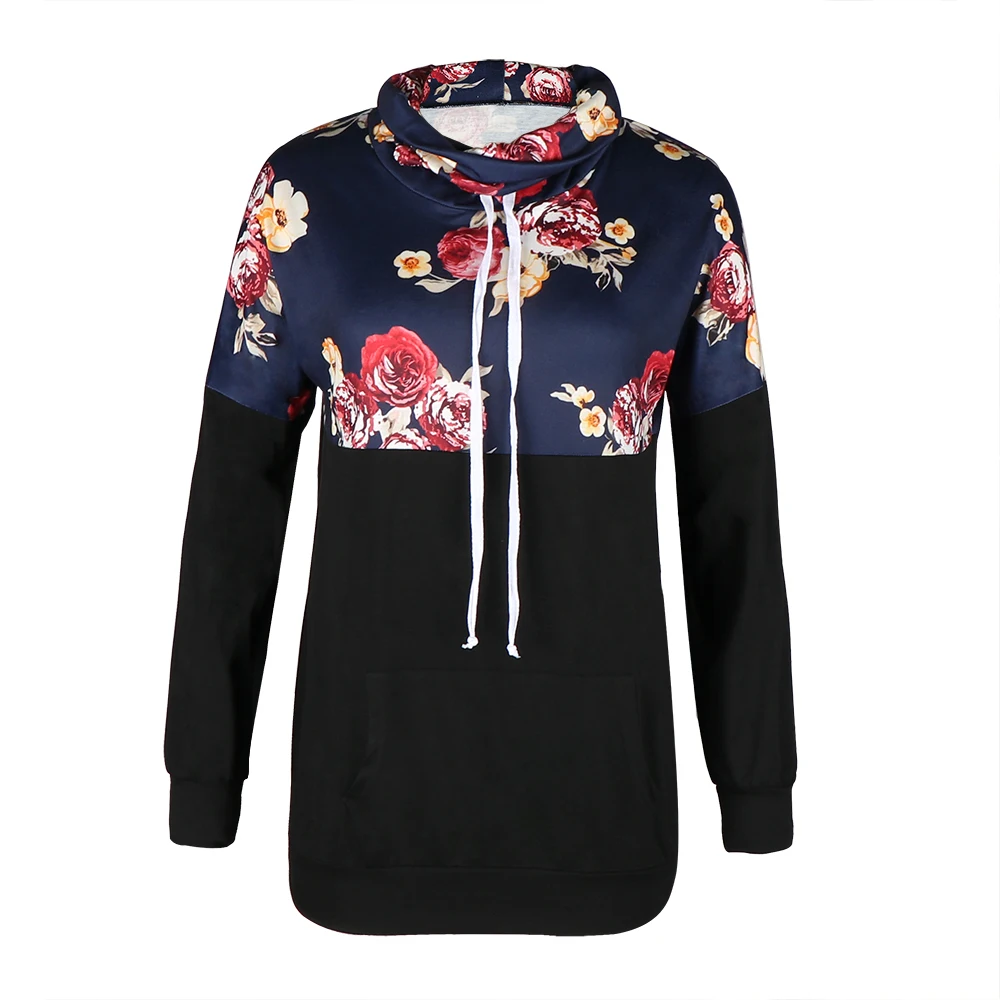  3XL Women's Fashion Sweatshirt Womens Long Sleeve High Neck Floral Print Patchwork Hoodie Sweatshir