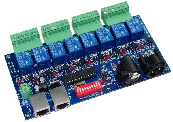 

free shipping 1 pcs 8CH Relay switch dmx512 decoder XLR+RJ45 dmx512 RGB led Controller for led strip led lamp lights contrller