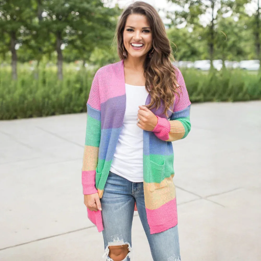 Fashion Women Long Sleeve Color Patchwork Cardigan Autumn Casual Loose Rainbow Sweater Knitted 