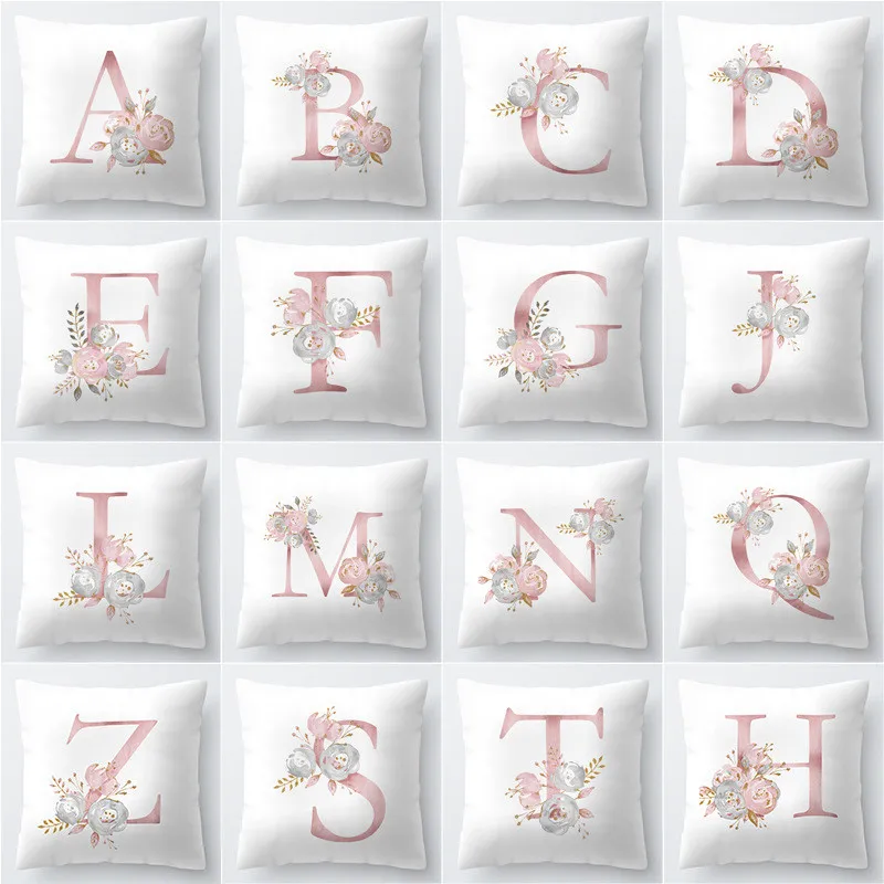

26 letters pillowcase floral home decorative velvet pink flower letter cushion cover