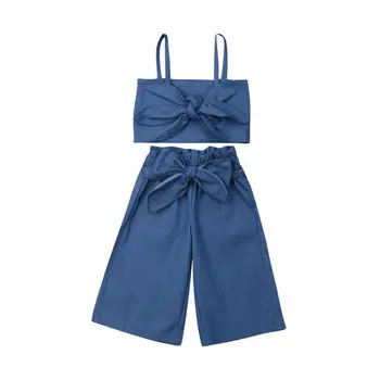 

1-6Y Summer Kids Baby Girl Denim Clothes Bowknot Strap Crop Tops Wide Leg Pant Jeans 2PCS Girls Clothing Set