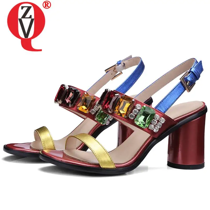 

ZVQ emerald sheepskin insole party woman sandals summer cow leather fashion ruby crystal high heels red woman wedding shoes