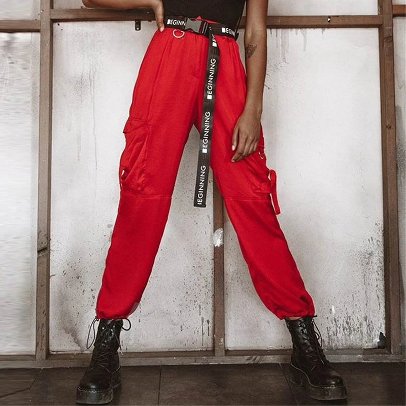 LEDINGSEN décontracté petit ami rouge Cargo pantalon coton mode Streetwear pantalon  femmes Long solide noir pantalon femme | AliExpress