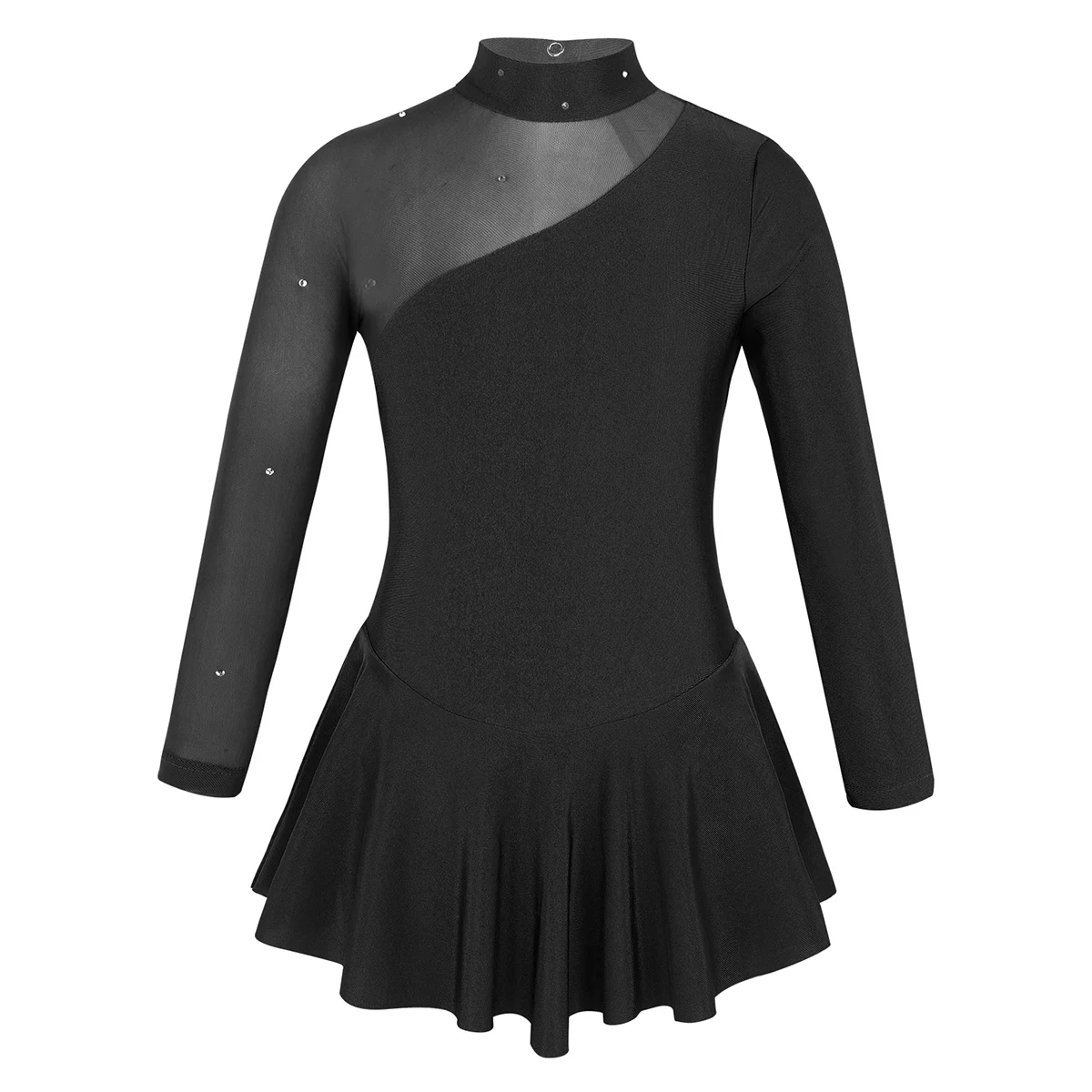 Kids Teens Rhinestones Tulle Long Sleeves Ballet Gymnastics Leotard Girls Performance Lyrical Dance Costume Figure Skating Dress - Цвет: Black