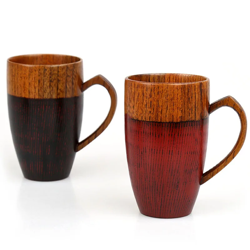 

UPORS New Wooden Tea Cup With Heart Handle Japanese Style Natural Wood Cup Handmade Red & Black Couple Cups Wedding Lover Gifts