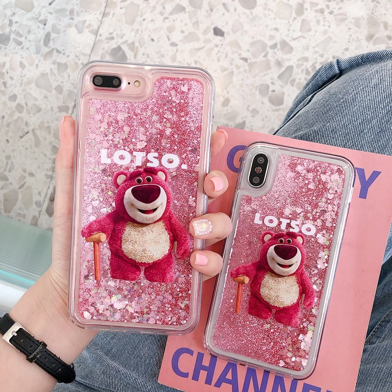 

Luxury Cool Strawberry bear Dynamic Liquid Quicksand Phone Case For iPhone 6 6S 7 8 Plus X XS MAX XR Cases Cover Bling Glitter