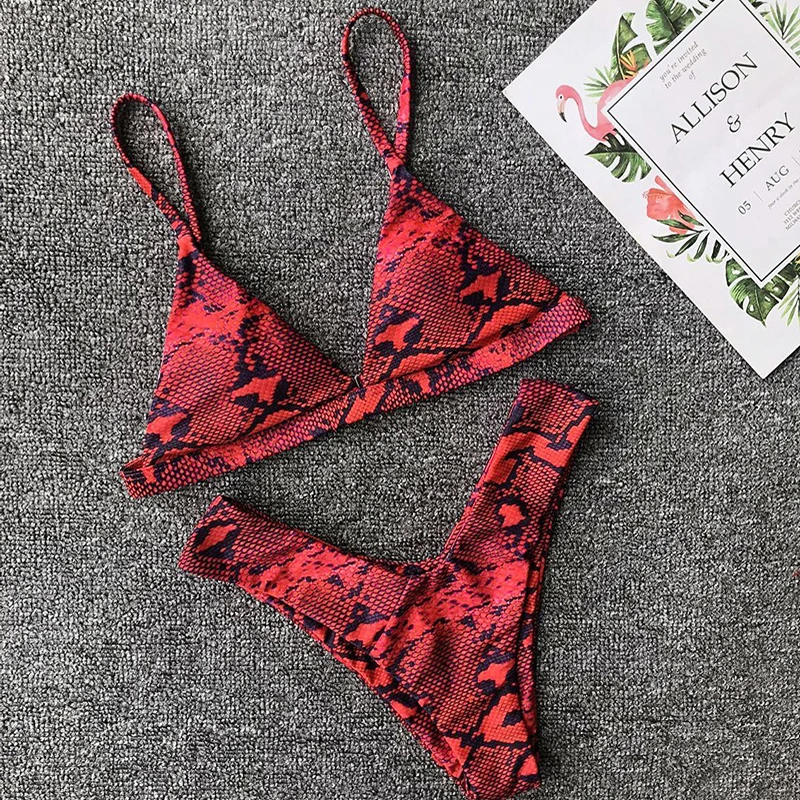 

XREOUGA Thong Print Swimwear 2019 Women Leopard Swimsuit Female Snake Bikini Push Up Padded Middle Cut Two Pieces Bathing Suit