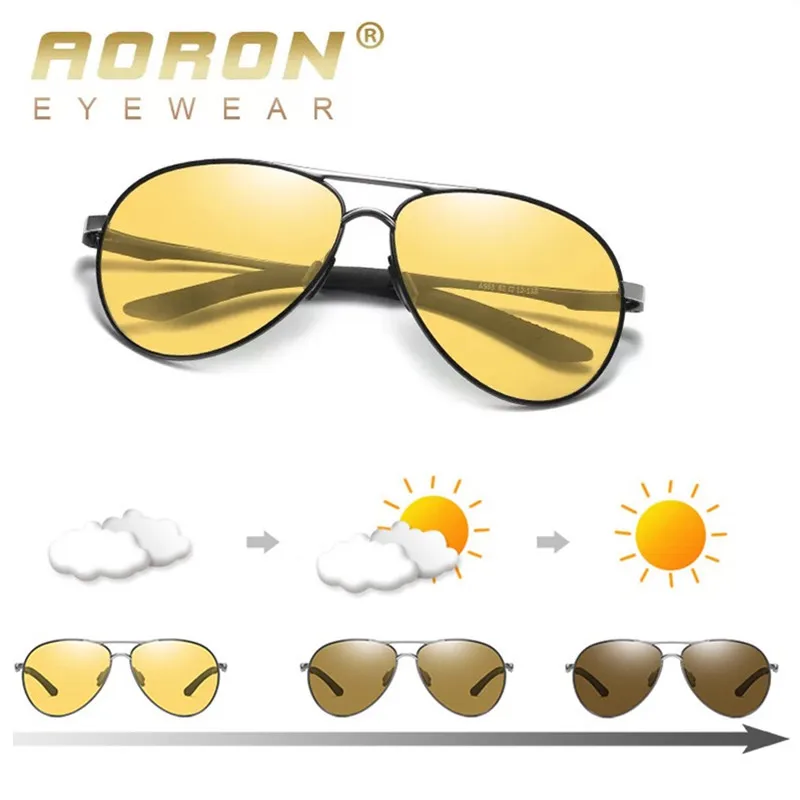 

AORON Pilot Photochromic Sunglasses Men Driving Polarized Sun Glasses Chameleon Driver Safety Night Vision Goggles Glasses A563