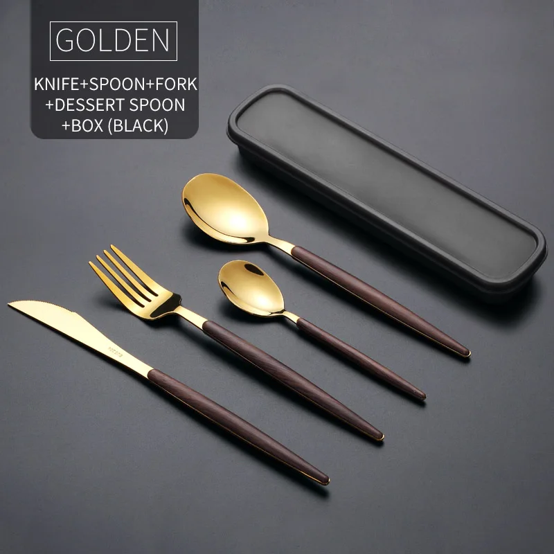 Gold 4 Pcs And Box WORTHBUY Западный Золотой набор столовых приборов 304 столовые приборы из нержавеющей стали кухонный нож ложка Вилка для обеда набор портативной походной посуды - Цвет: Gold 4 Pcs And Box