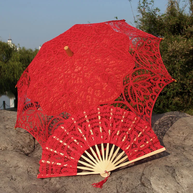 Theatre Performances Princess Dancing Cotton Lace Parasol and Fan Beach Wedding Party Decorated Flower Umbrella