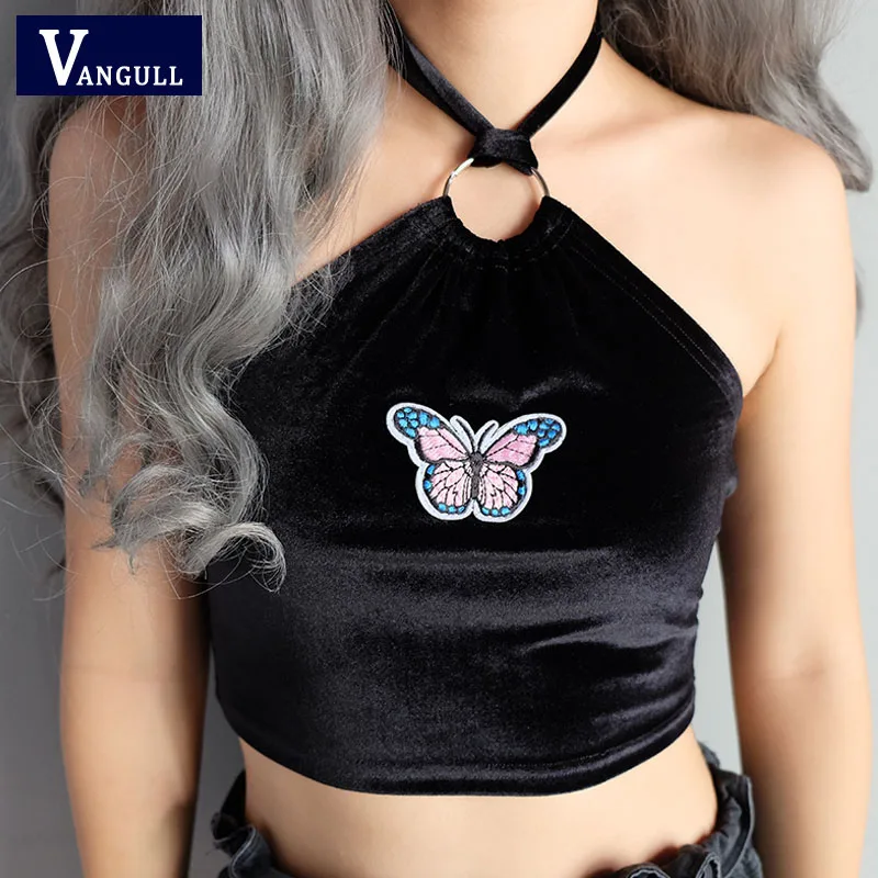 

Vangull Camisole Sexy Tops Women Halter Cropped 2019 New Summer Fashion Butterfly Applique Black Sleeveless Velvet Crop Tops