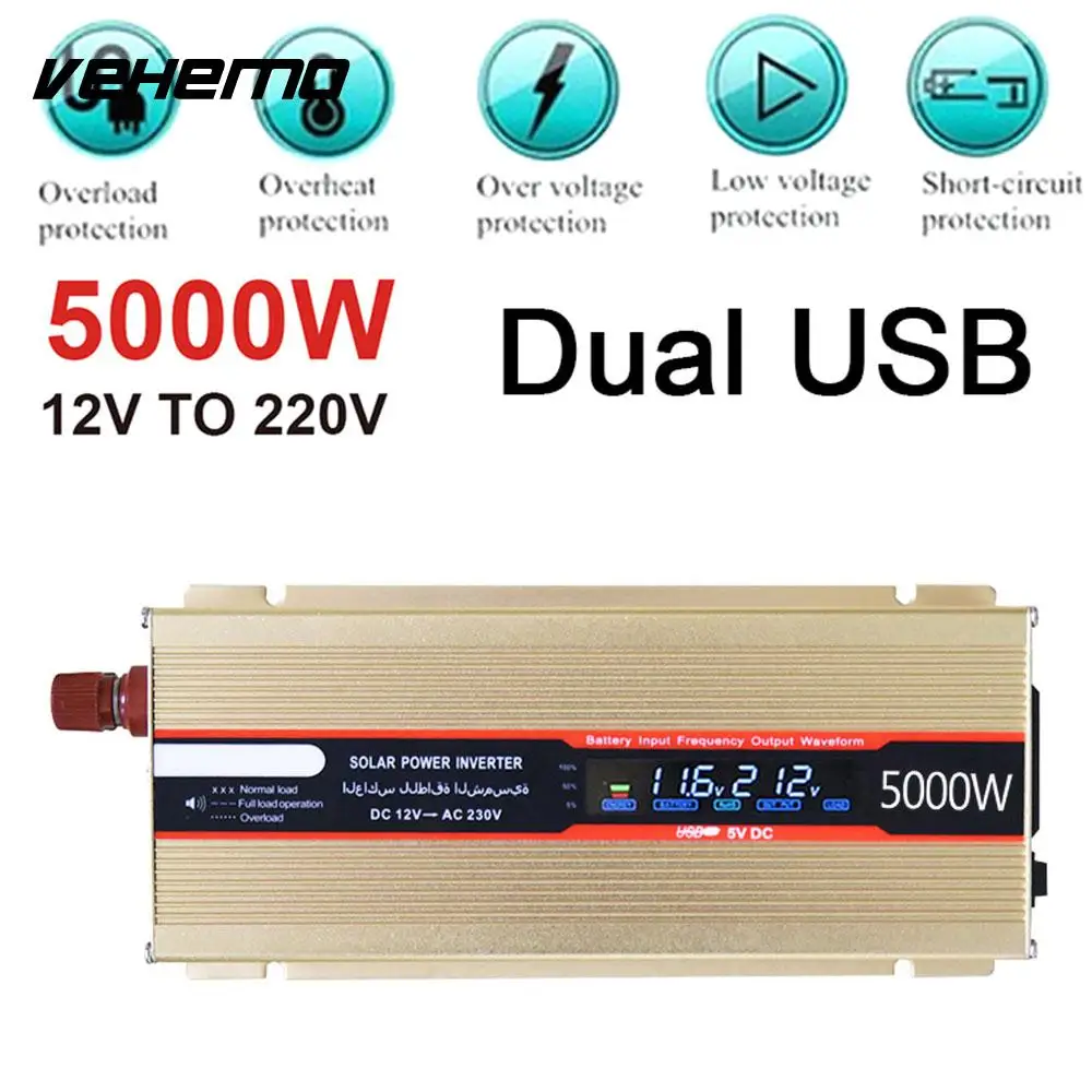 

Vehemo 5000W Peak LED Display Power Inverter Transformer Car Inverter Car Converter Aluminium Alloy High Performance