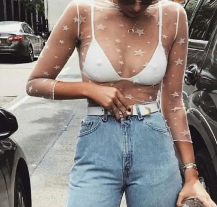 StarPrintTShirtsWomenMeshNetTShirtLongSleeveTeeTopsTransparentSlimWhiteTops