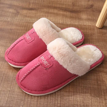 

Women House Slippers Winter Large Size 43-45 Suede Letter pattern Cozy Fur Slippers for female Short Plush Home slipper women