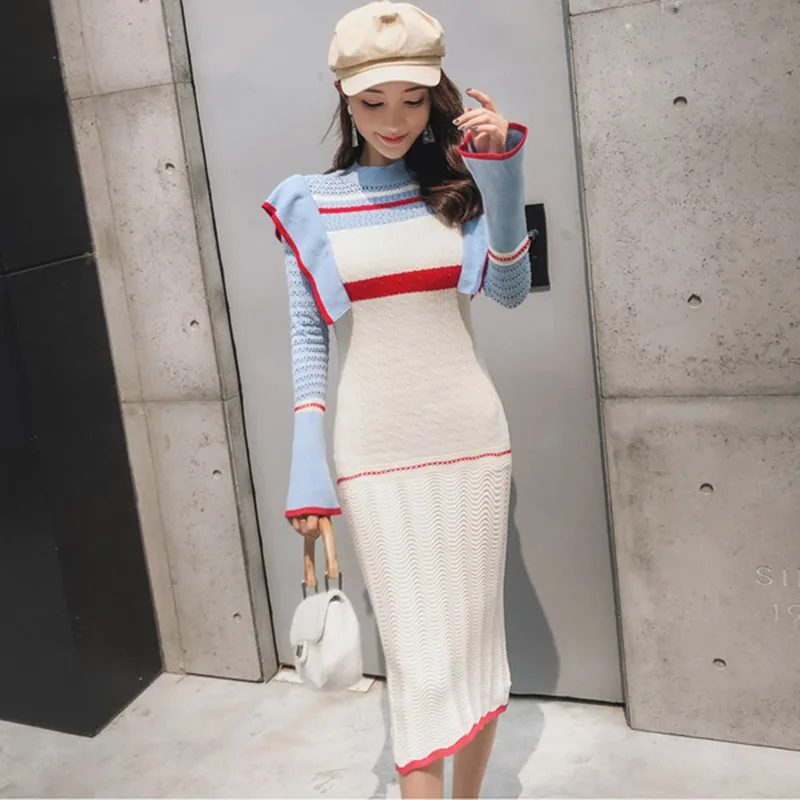 Debowa Spring Women Knitted Sweater Dress Ruffles Package Hip Bottom Contrast Color Elegant Flare Sleeve Office Lady | Женская одежда