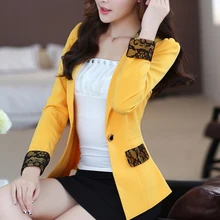 free shipping women autumn winter new Korean slim OL blazer feminino one-button long sleeve lace patchwork small suit jacket