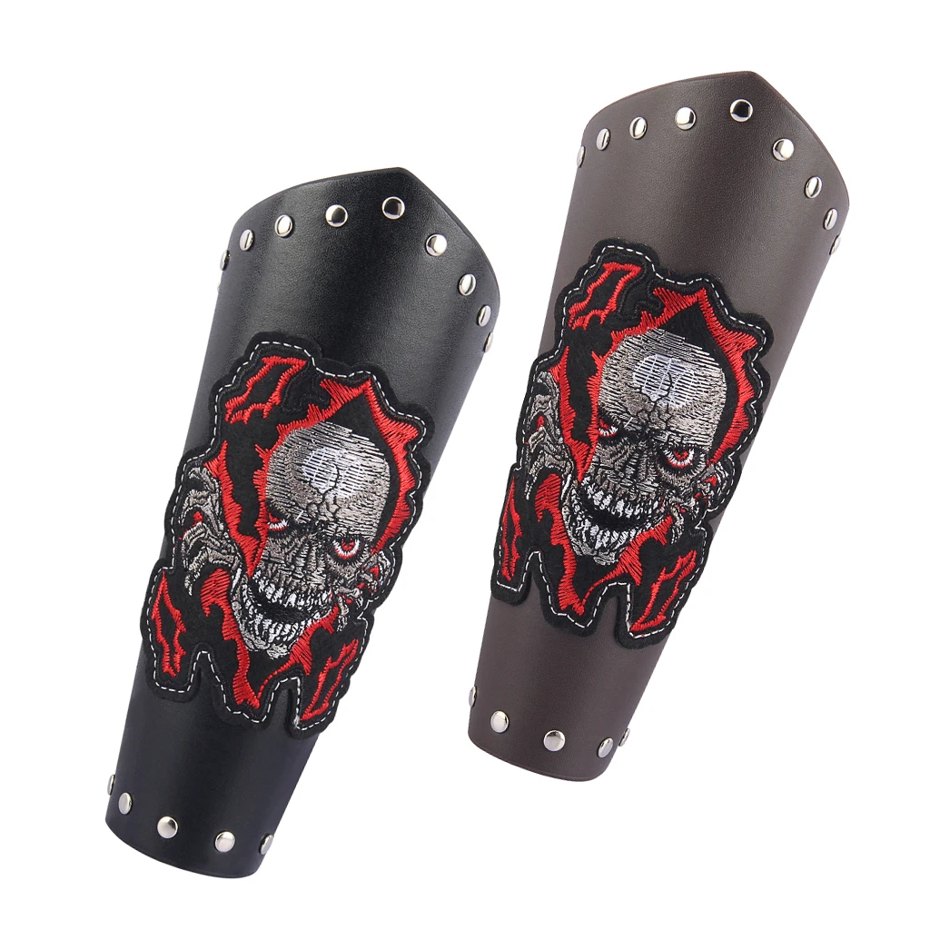 Adults Steampunk Embroidered Winged Skull Bandage Leather Wide Bracer Gauntlet Biker Cosplay Bracelet