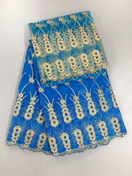 

blue and gold embroidered fabric bazin riche fabric nigerian gele headtie net lace with beads woman blouse 7yard/lot