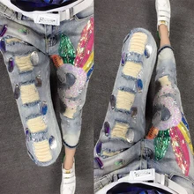 Размера плюс 25-31! винтажные рваные женские джинсы со средней талией с блестками и бисером