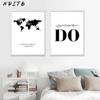 

World Map Motivational Wall Art Posters Canvas Prints Minimalist Black White Painting Nordic Style Wall Pictures for Living Room