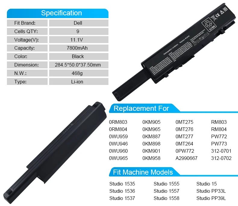 7800 мАч Аккумулятор для dell Studio 1555 1557 0MT264 0KM905 0KM965 PW772 0PW772 0WU959 0KM887 0KM898 312-0702