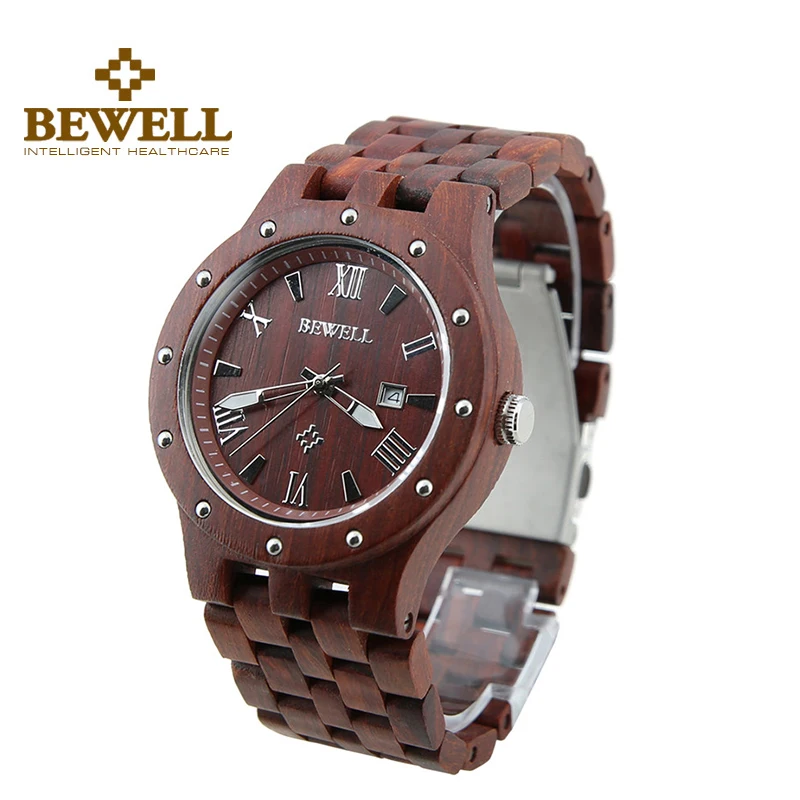 Bewell Men Classical Red Wood Watch Roman Numeral Analog Dial Quartz Watch Calendar Folding Clasp Male Wristwatches W109A analog футболка analog mb numeral brooke