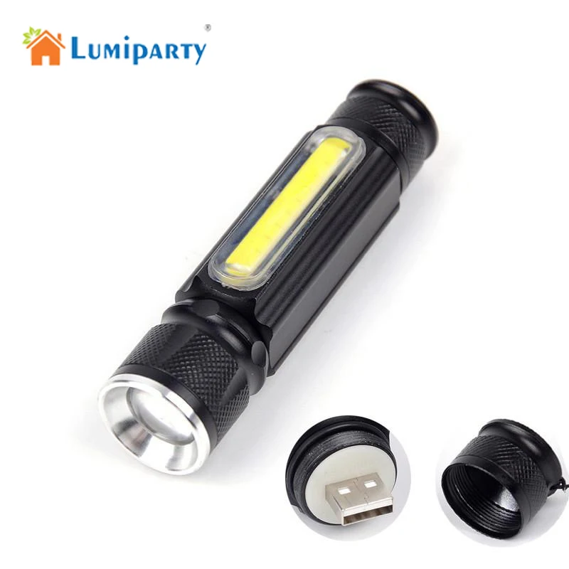 Lumiparty USB Flashlight with Magnet Cob CREE XM L T6 Handy LED Flashlight Rechargeable Torch